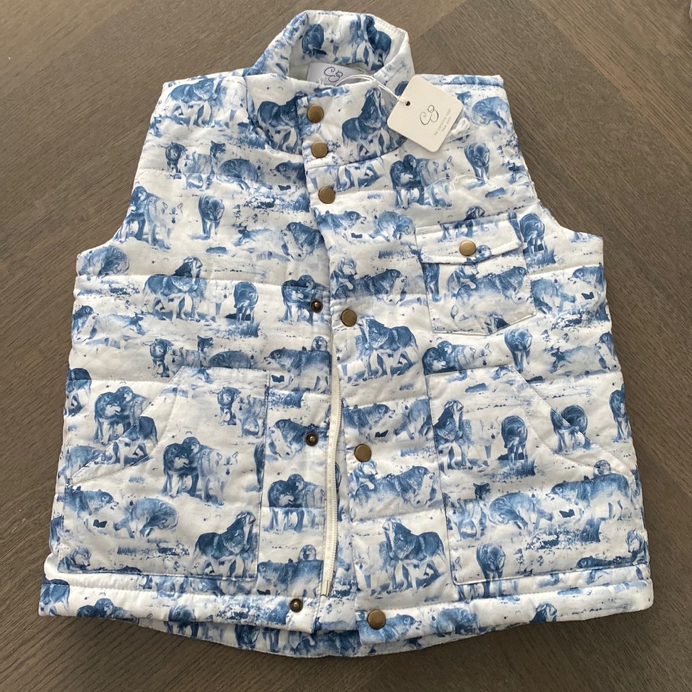 CZ baby designer vest with all over blue and white wolf print. New